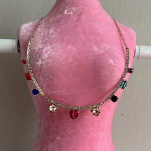Gold Crystal Necklace with Multicolor Gemstone Accents